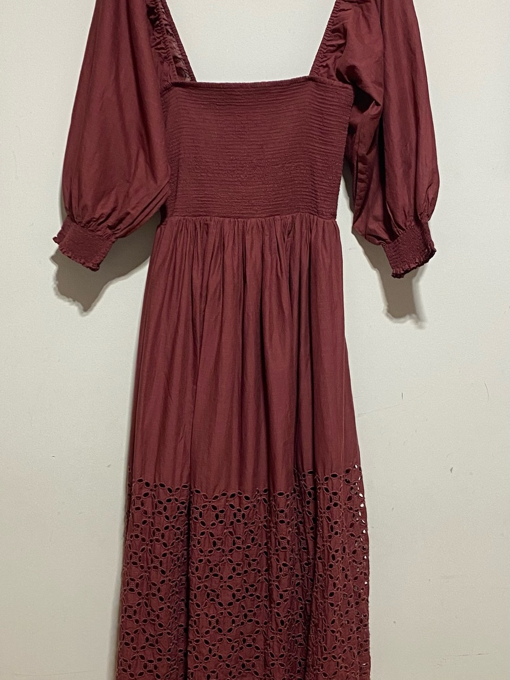 Free People “The Perfect Storm” Midi Dress Eyelet Smocked Cotton Burgundy Size L - Picture 4 of 11